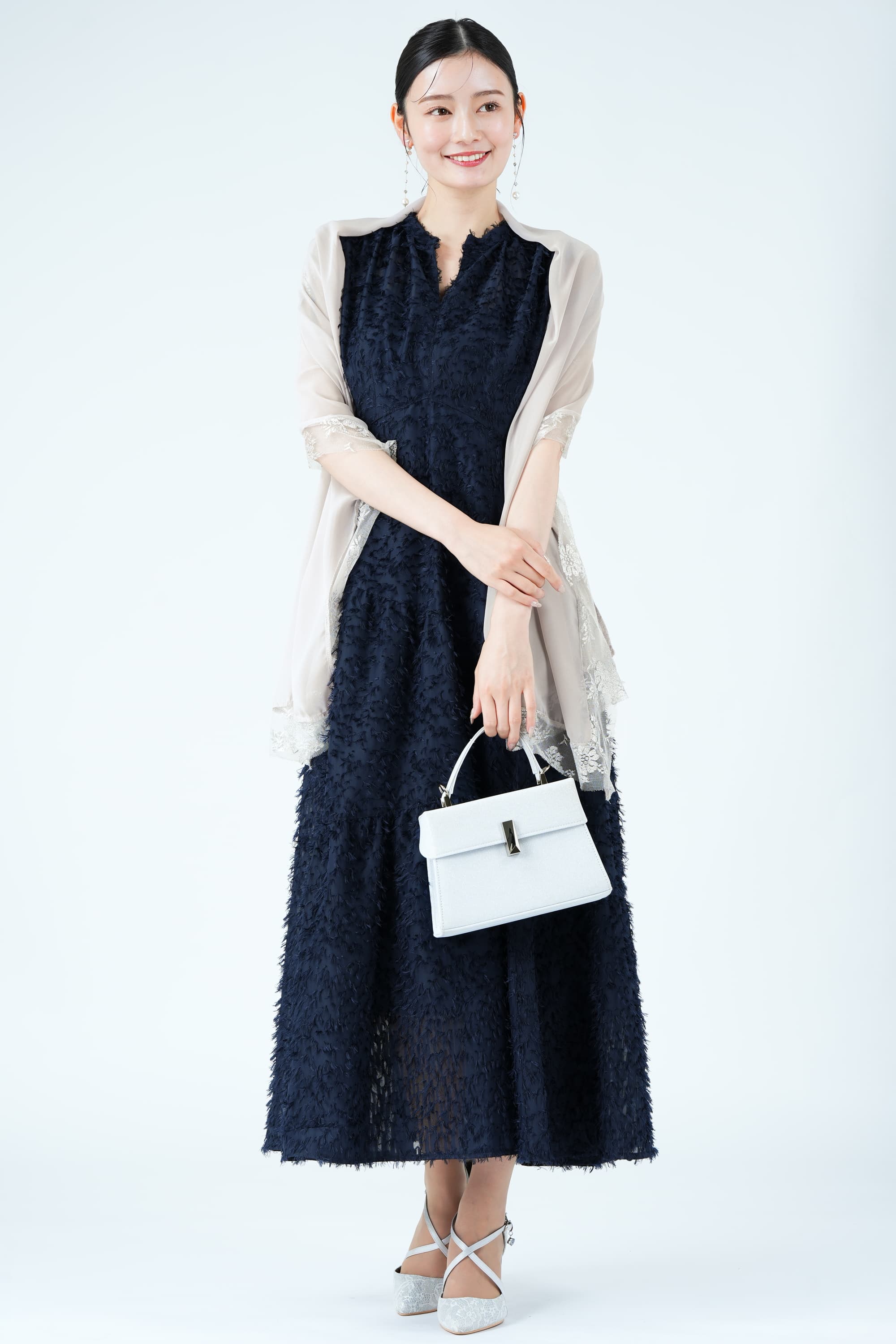 FRAY I.Dフリンジティアードネイビードレス