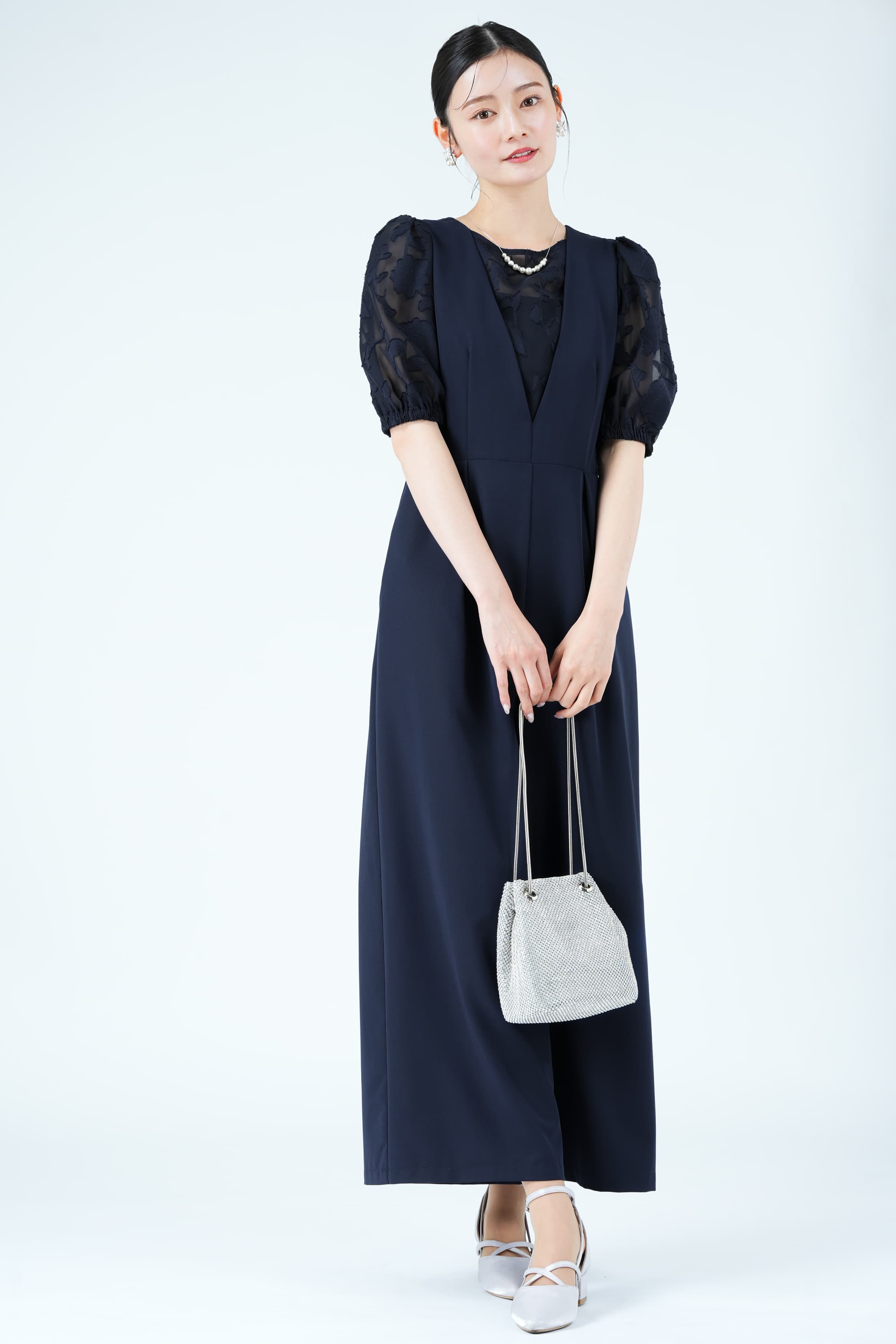 Callarusシアーオパール袖ネイビーパンツドレス