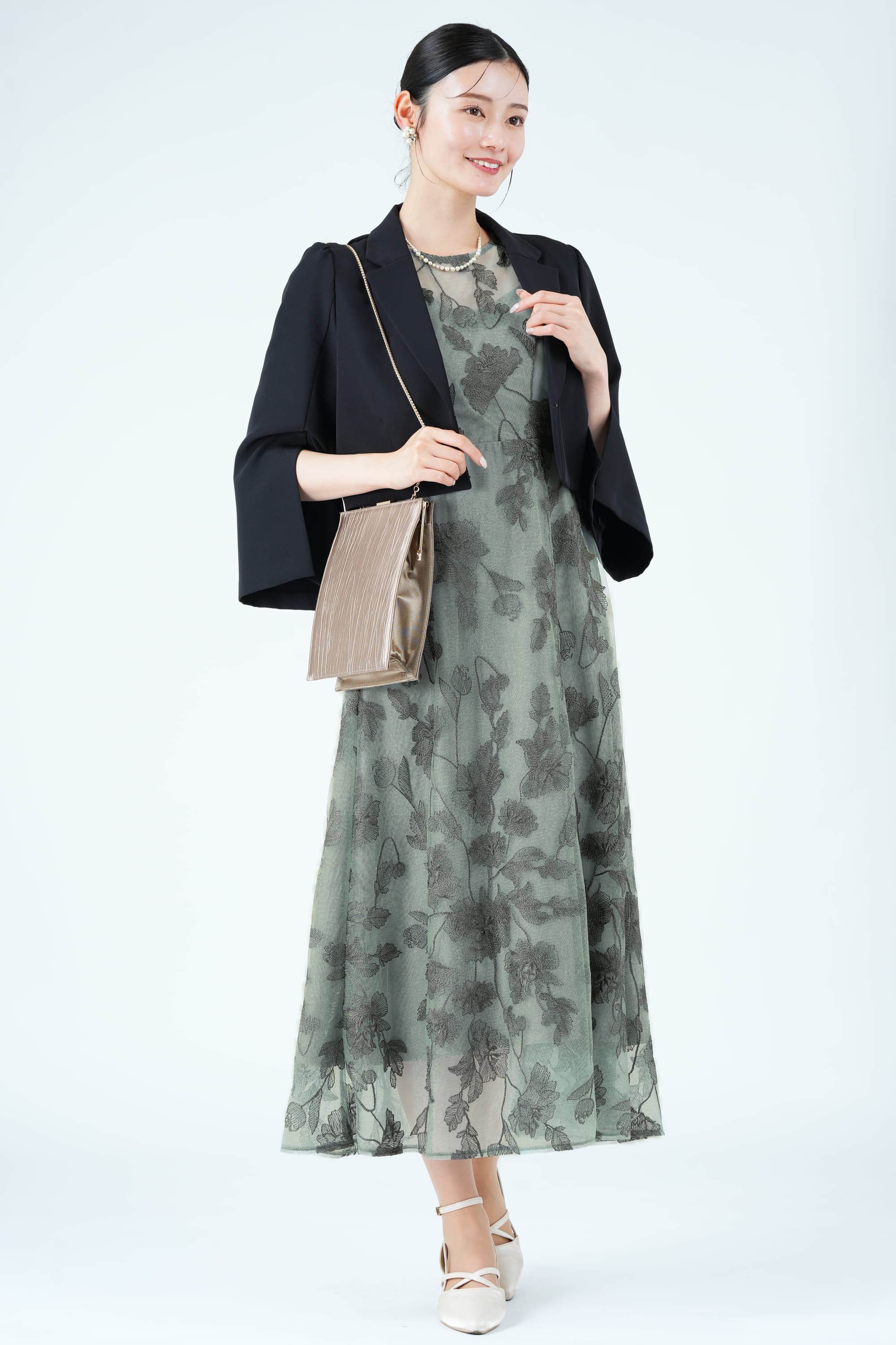 URBAN RESEARCH ROSSO配色リーフフラワー柄グリーンドレス