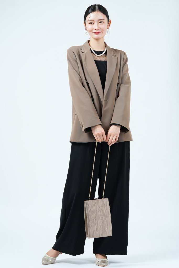 nano・universe フロッキードット切り替えブラックパンツドレス