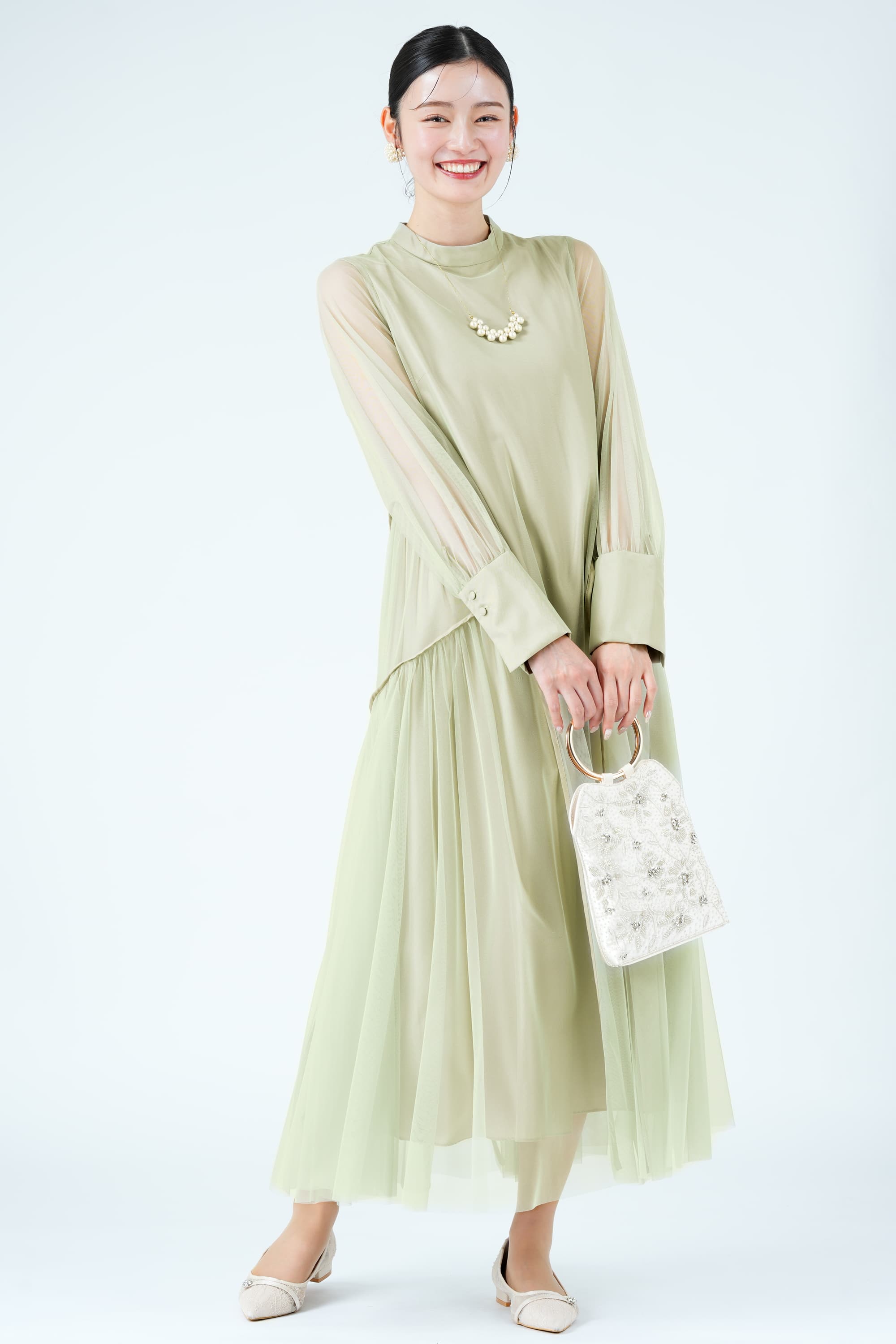 ANDRESD総チュール×パイピングイエローグリーンドレス