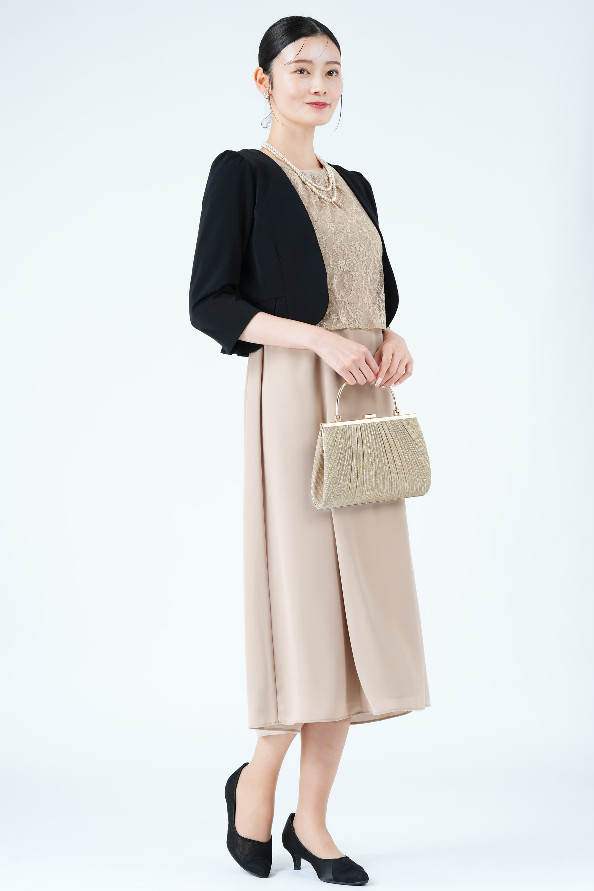 COCCOLUSSI 東京ソワールレースオーバーレイフレア袖ベージュドレス