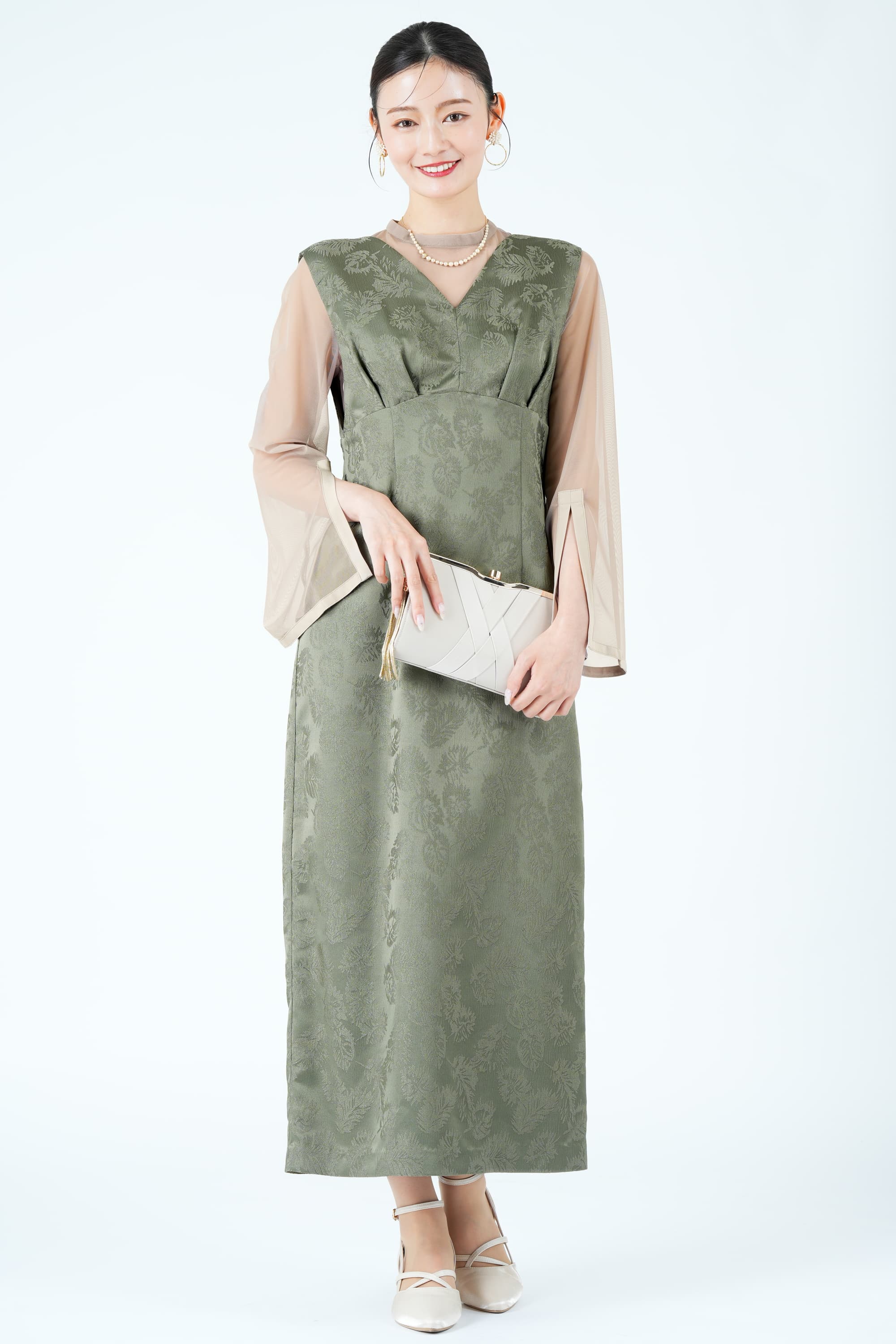 AIMERリーフ柄ジャガードジャンスカカーキドレス