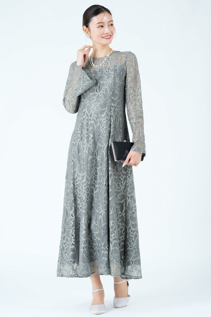 AIMER 陰影フラワーレースくすみブルードレス