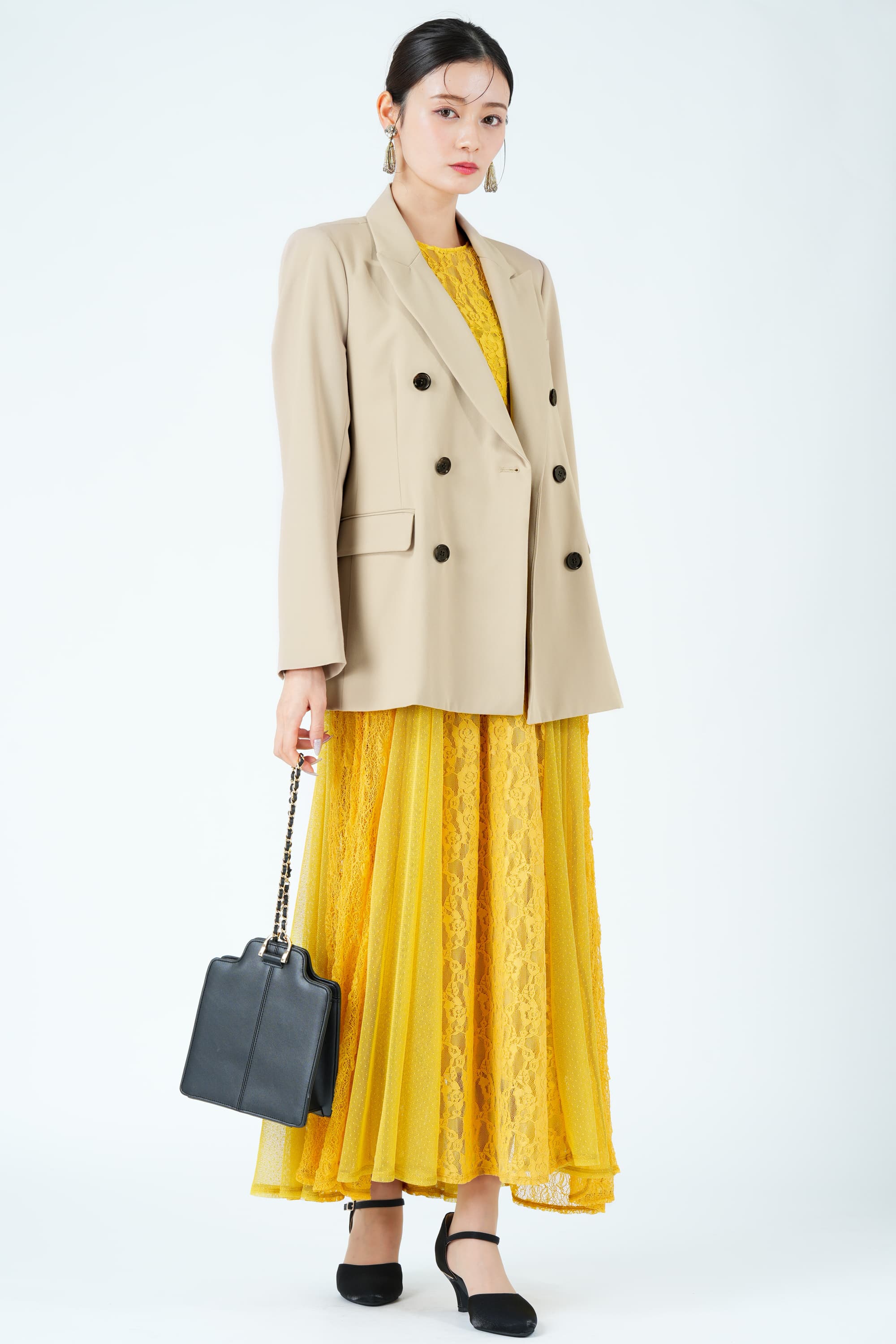 Ameri VINTAGE	パッチワーク風レースマスタードドレス