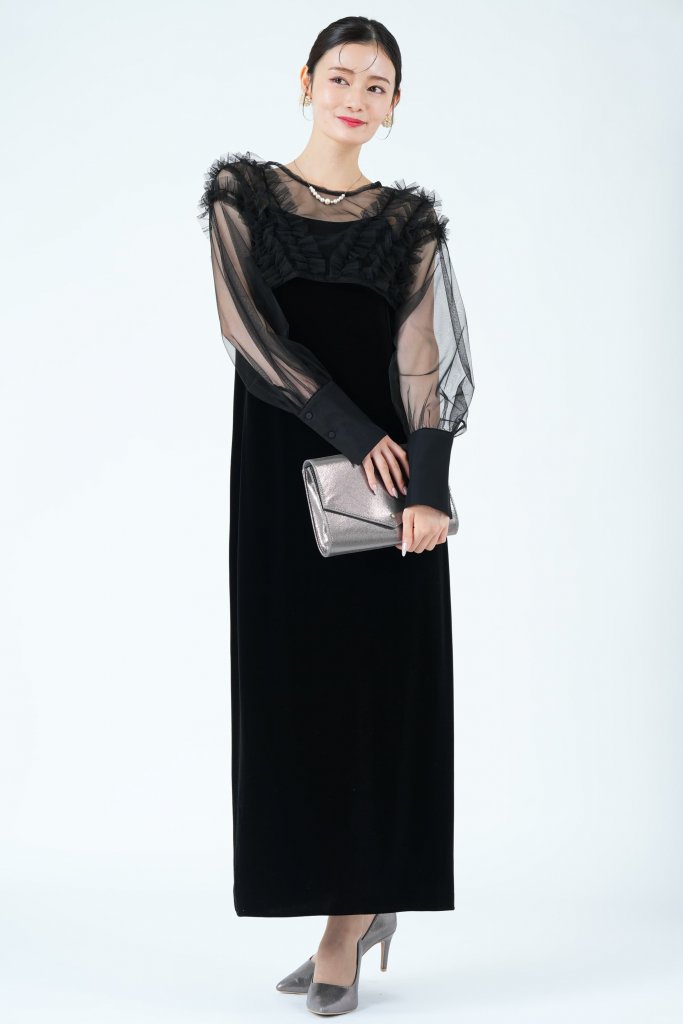 CAPRICIEUX LE’MAGE エアリーチュール×ベロアブラックドレス