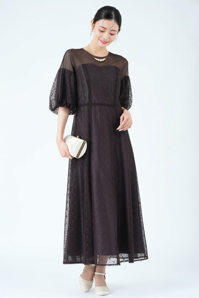 URBAN RESEARCH ROSSO 幾何学レース×パフスリーブブラウンドレス