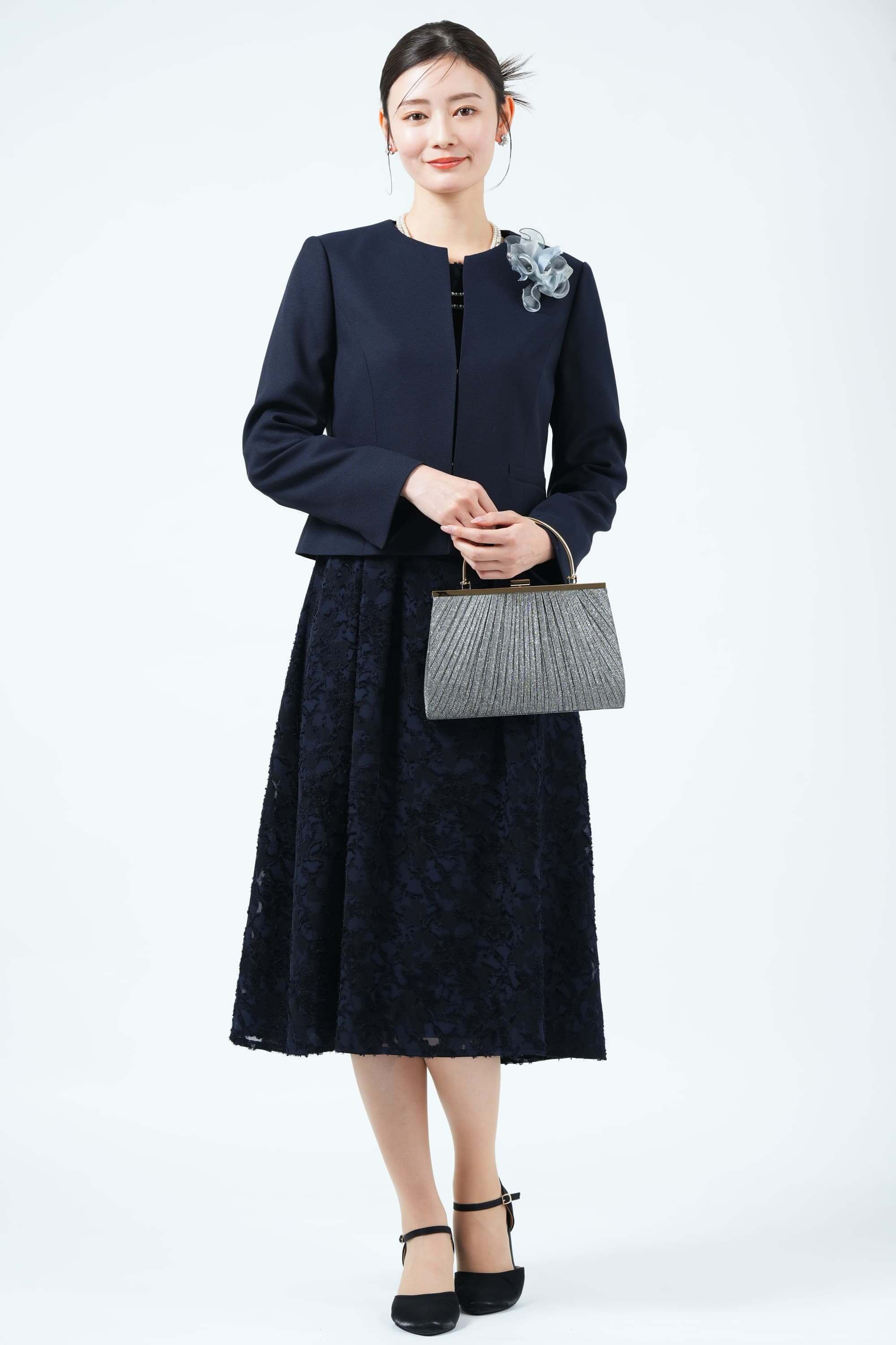 RIFANNE 東京ソワールカットジャガード織りネイビードレスセット