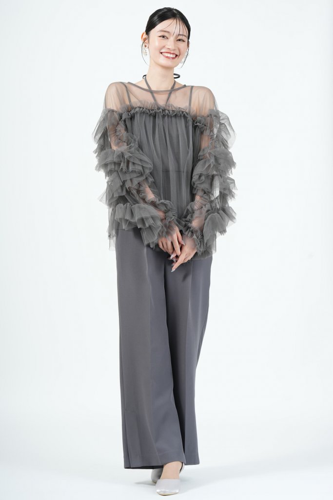 ANDRESD チュール×ダブルクロスチャコールパンツドレス