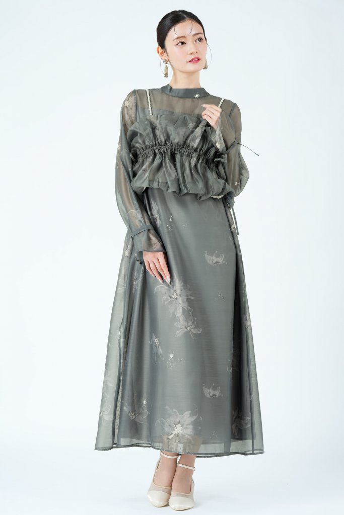 WILLFULLY パールショルダー×箔フラワーグリーンドレス