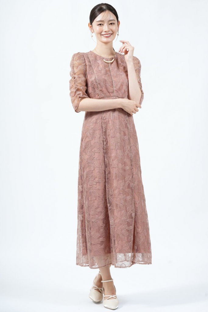 AIMER アマリリス柄レースコーラルドレス