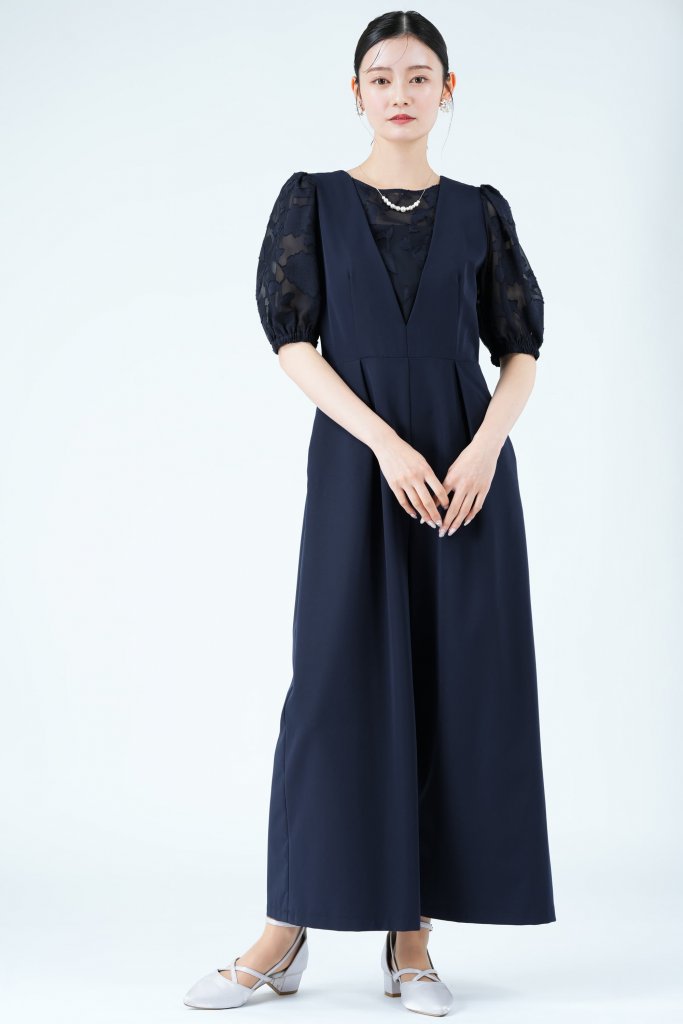 Callarus シアーオパール袖ネイビーパンツドレス