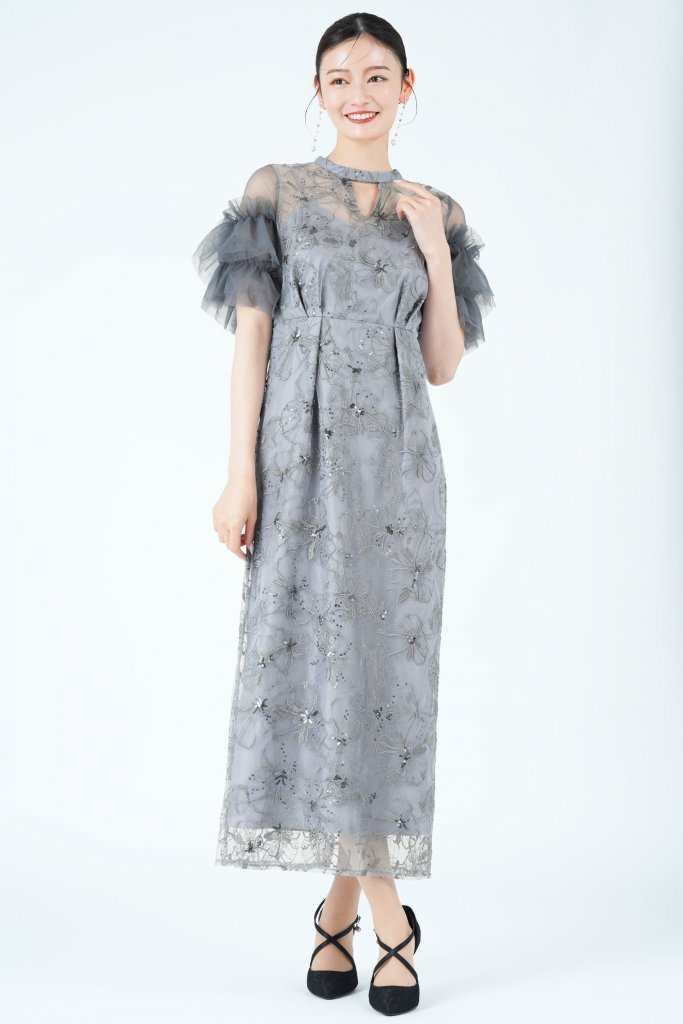 ANDRESD フラワー刺繍スパークルブルードレス