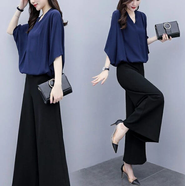 harumicorp楽天市場店 Vネックブラウス×ガウチョパンツセット