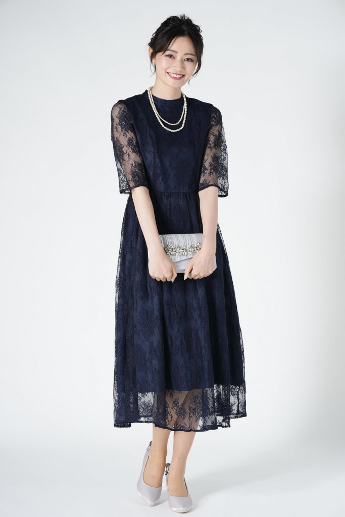 AIMER スタンドカラー総レースネイビードレス