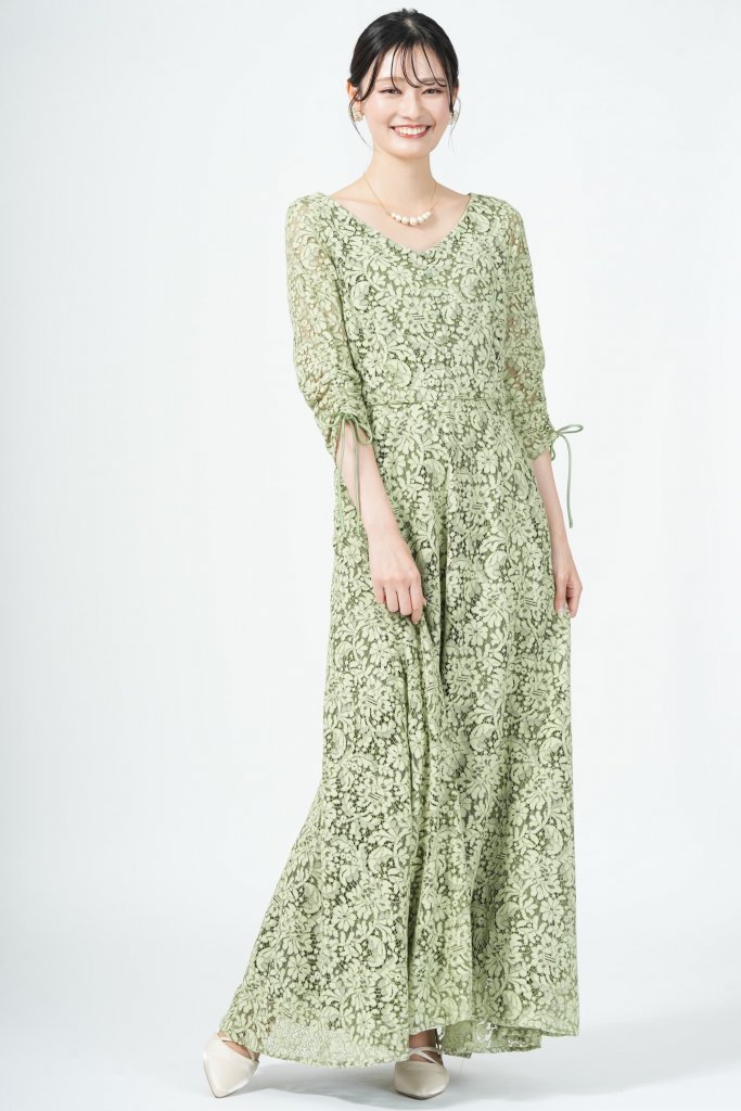  Kastane バックオープン花柄レースグリーンドレス