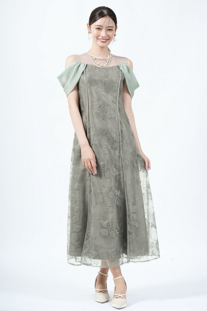  LAGUNAMOON チュール刺繍オフショルくすみグリーンドレス