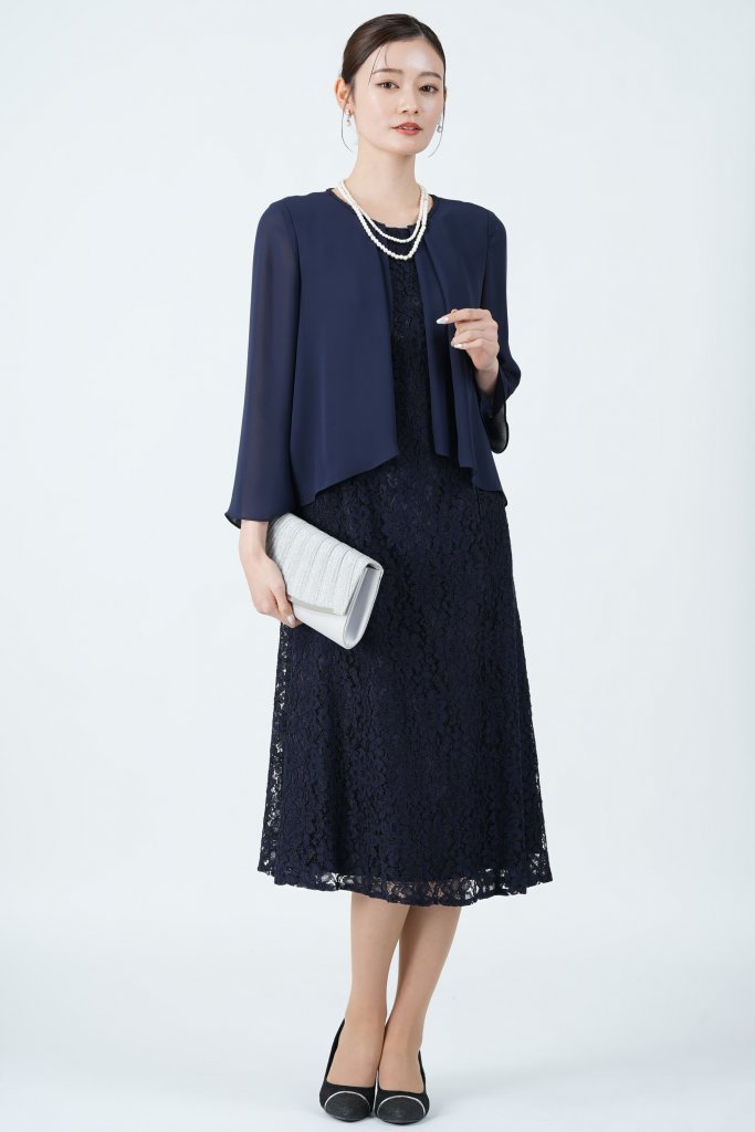Apploberry 東京ソワール シフォンカバーアップ×総レースネイビードレス