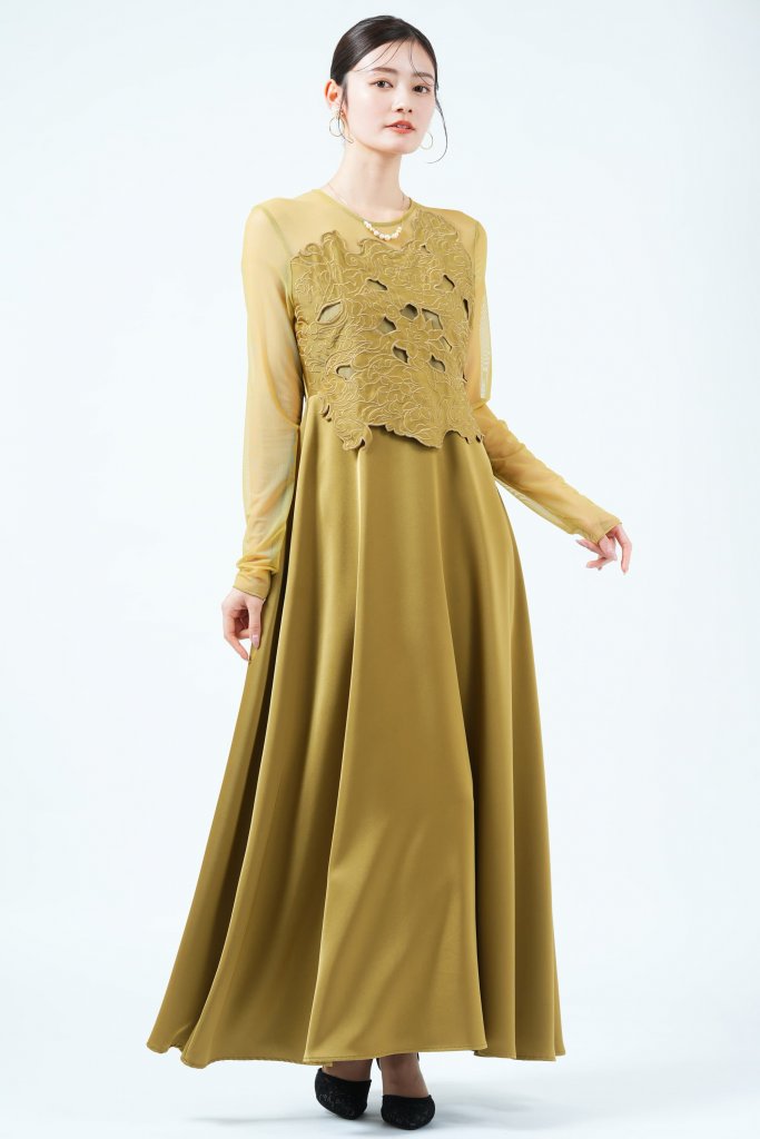 Ameri VINTAGE アッパーアシメ刺繍マスタードドレス