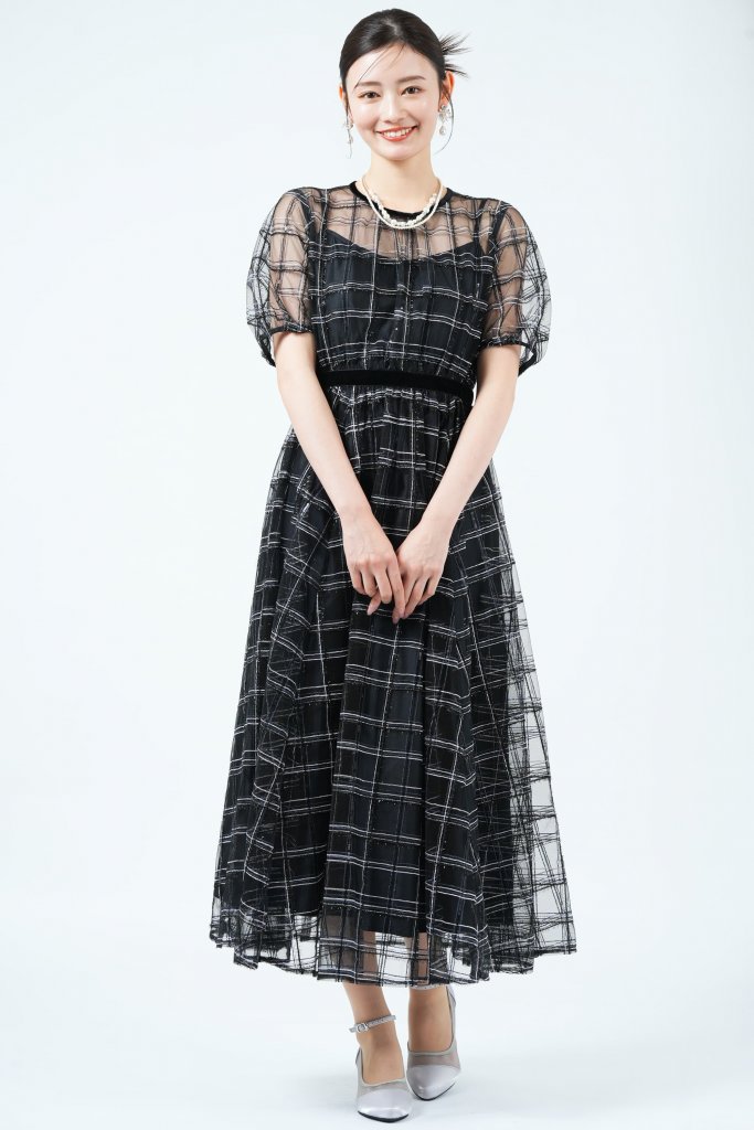 JILLSTUART スパンコールチェック刺繍ブラックドレス