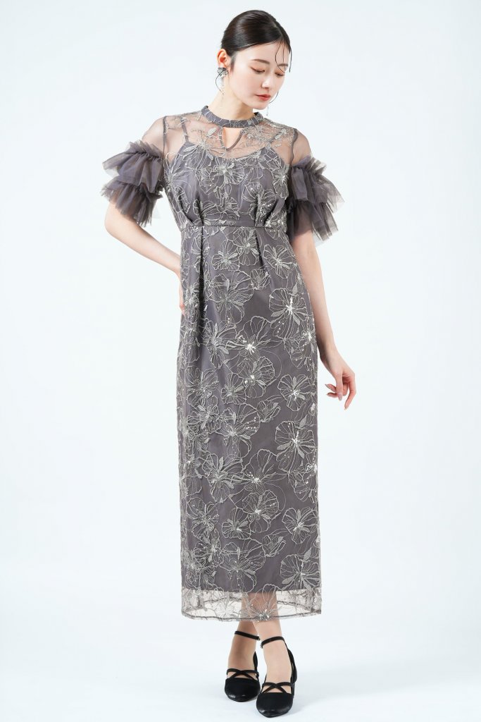 ANDRESD フラワー刺繍スパークルチャコールドレス