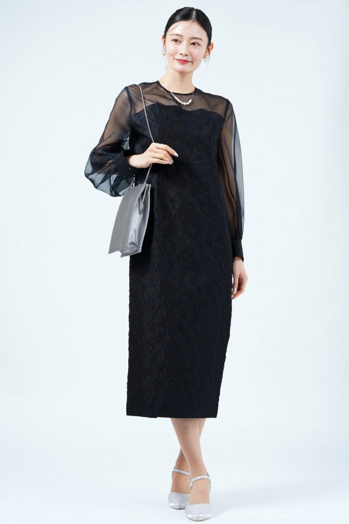 UNITED ARROWS バルーン袖ジャガード濃紺ドレス