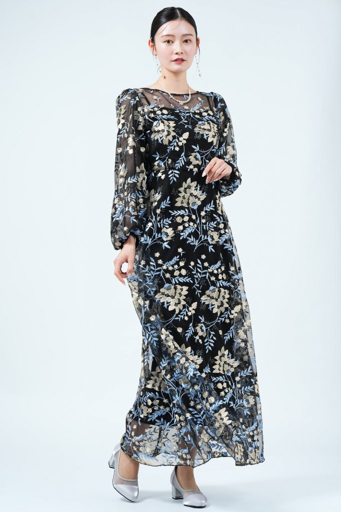 Kastane レトロフラワー刺繍マルチブラックドレス