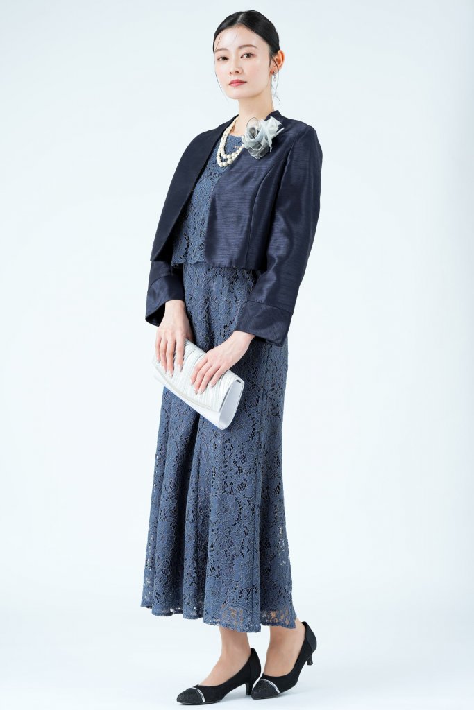 COCCOLUSSI 東京ソワール シアー袖マーメイドラインネイビードレス