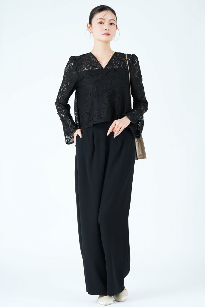 AIMER リーフ柄レース×ワイドブラックパンツドレス