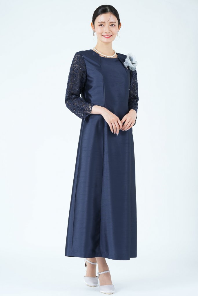 Yukiko Kimijima 東京ソワール レース袖フォーマルネイビードレス