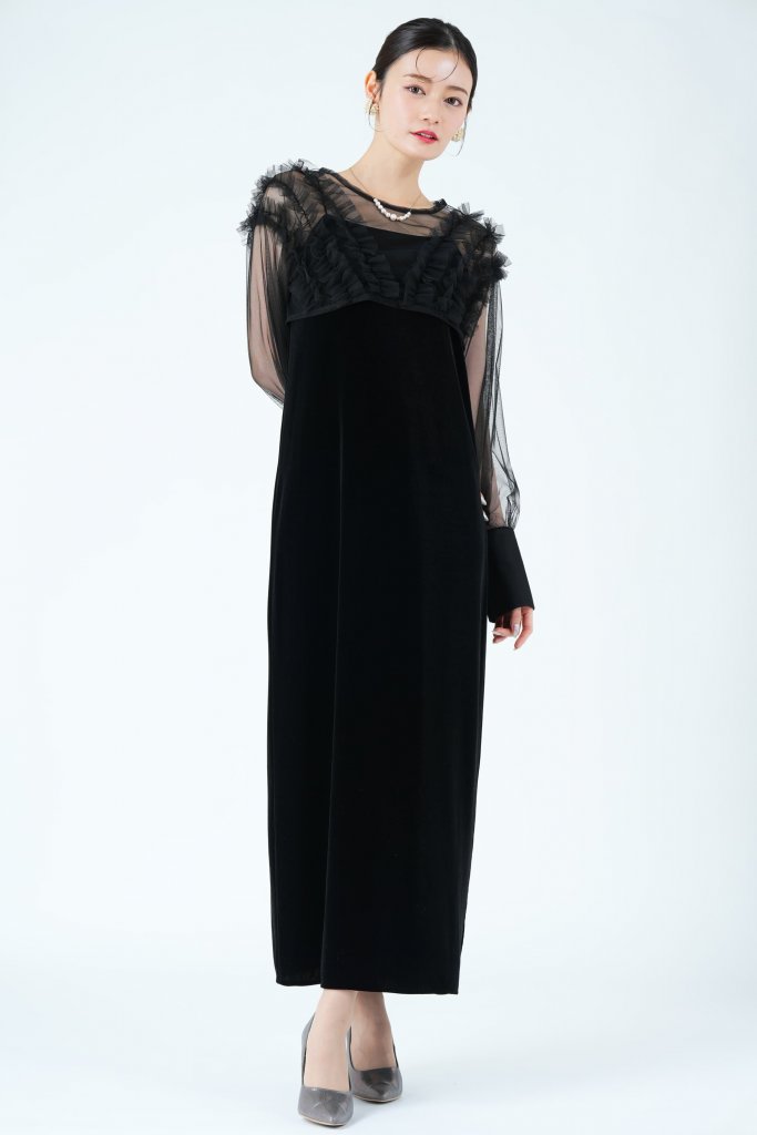 CAPRICIEUX LE’MAGE エアリーチュール×ベロアブラックドレス