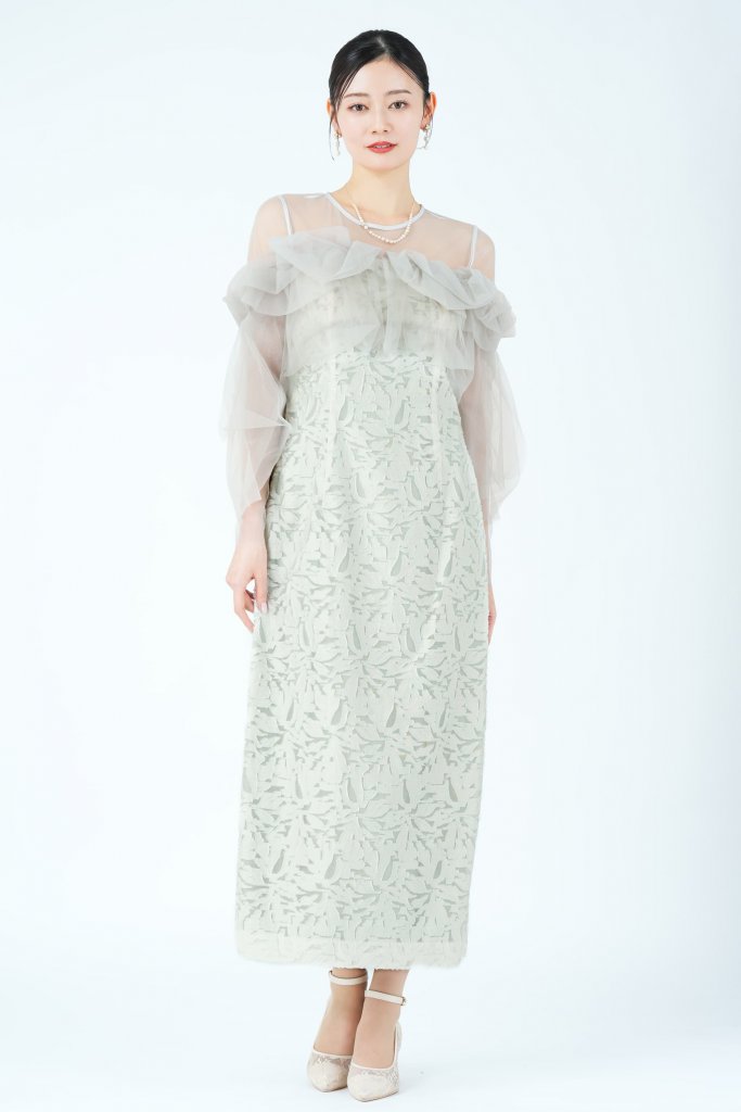 LAGUNAMOON チュールフリル切り替えジャガードミントグリーンドレス 