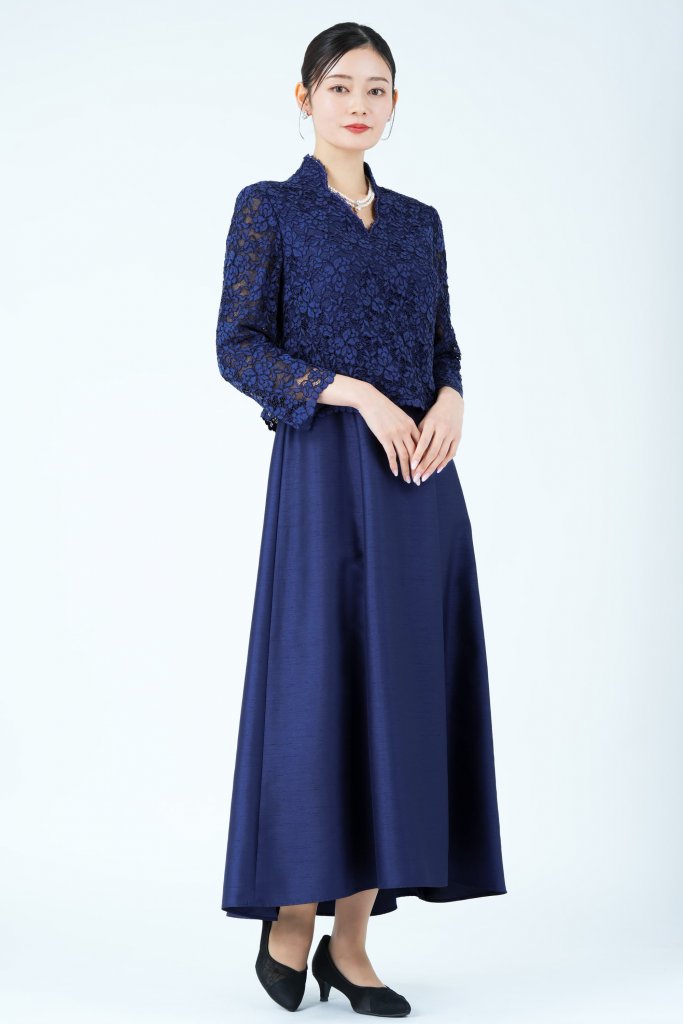 Apploberry 東京ソワール フラワーレース切り替えシャンタンネイビードレス