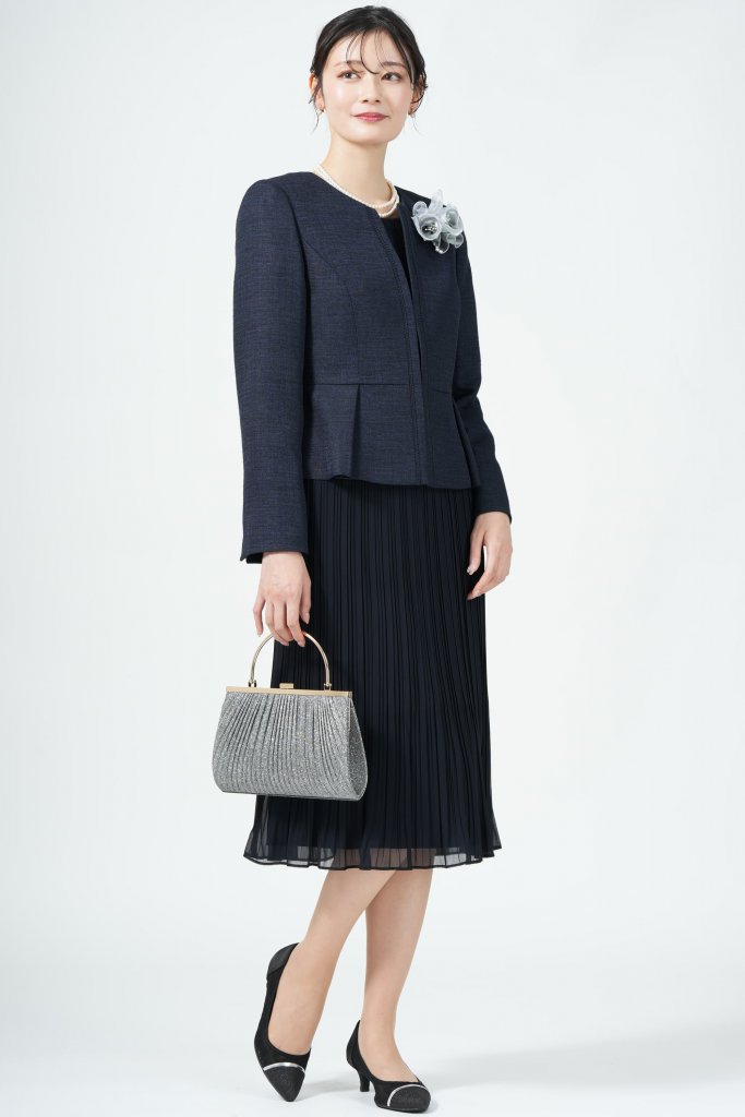 RIFANNE 東京ソワール ラメ混ジャケットプリーツネイビードレスセット