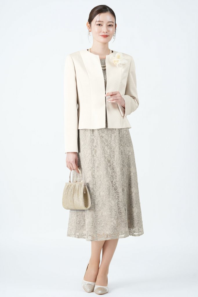 RIFANNE 東京ソワール ラメジャガード織りベージュドレスセット