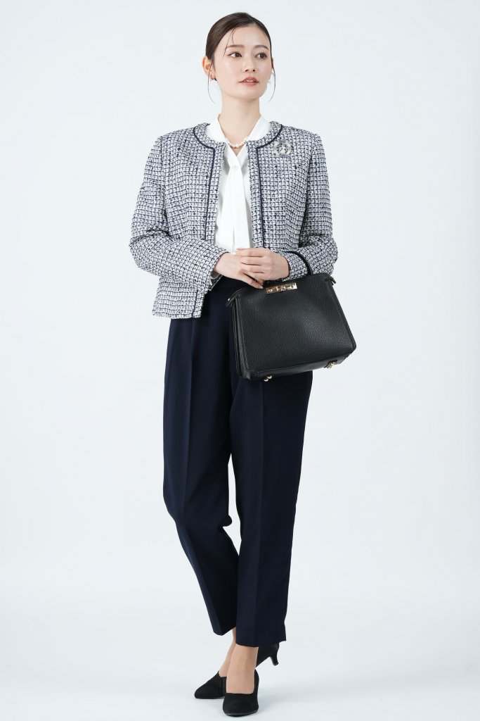 AIMER ミックスツイード調ネイビーパンツスーツセット