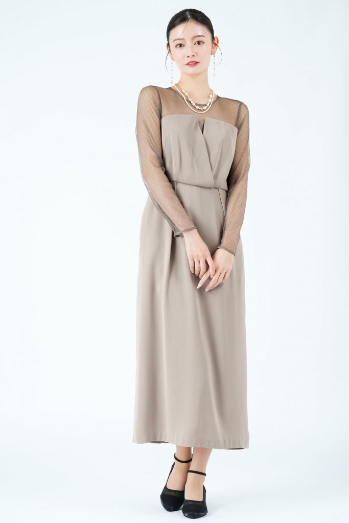 UNITED ARROWS green label relaxing レイヤード風ドットチュールグレージュドレス