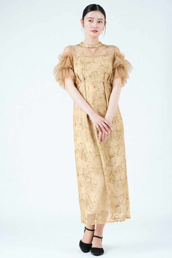 ANDRESD フラワー刺繍スパークルベージュドレス