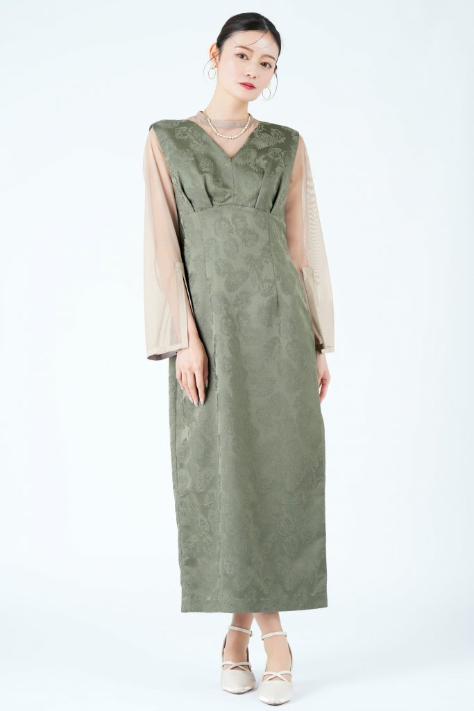 AIMER リーフ柄ジャガードジャンスカカーキドレス