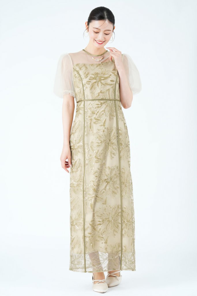 LEJA アシンメトリーカット花刺繍グリーンドレス