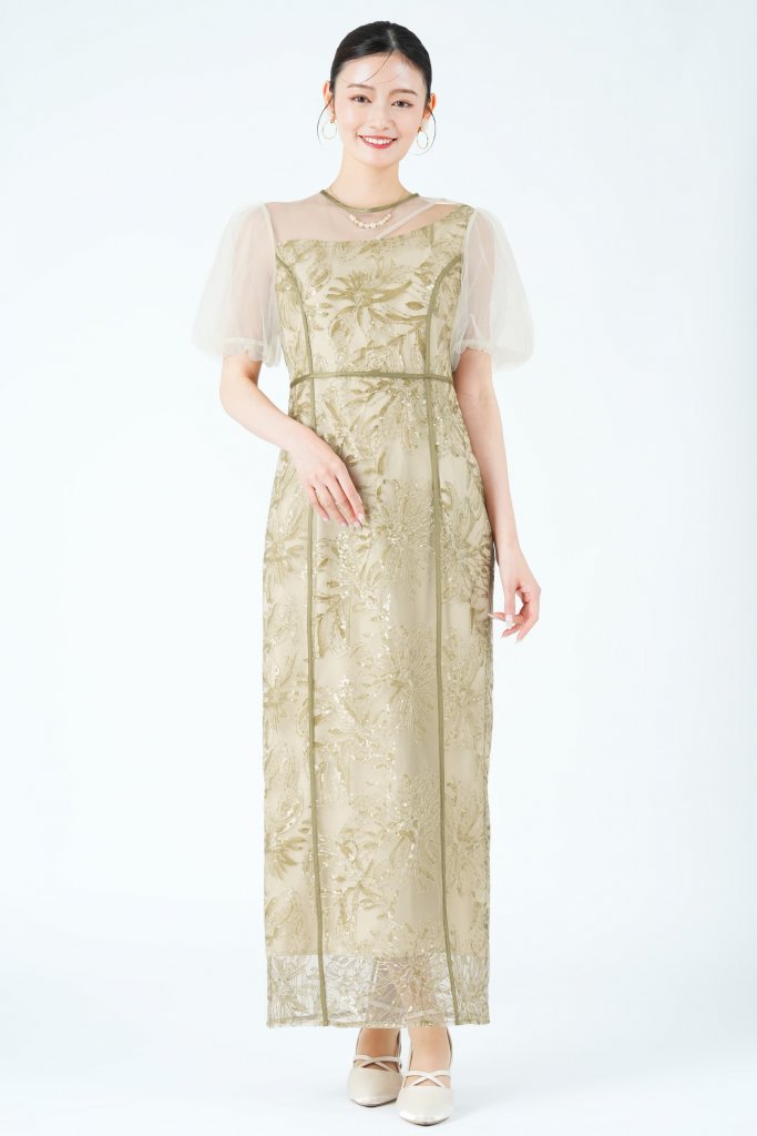LEJA アシンメトリーカット花刺繍グリーンドレス