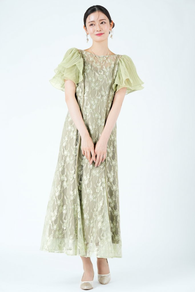 Dorry Doll ラッフルスリーブ総レースグリーンドレス