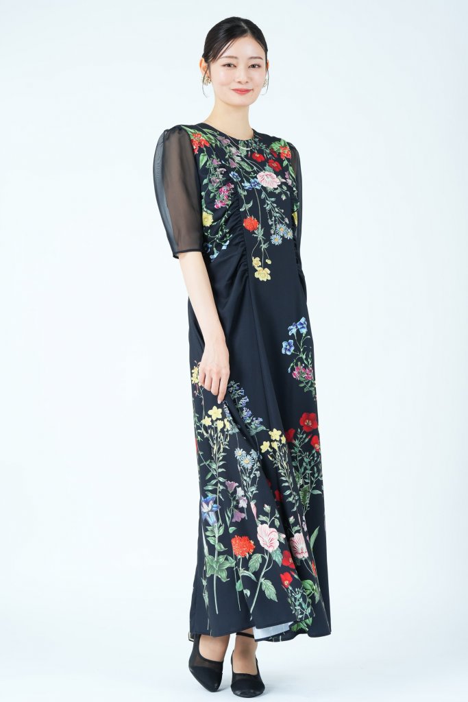Ameri VINTAGE ボタニカルブルーム柄ブラックドレス