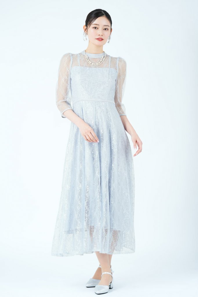 SNIDEL フラワー柄スパンコールレースサックスブルードレス