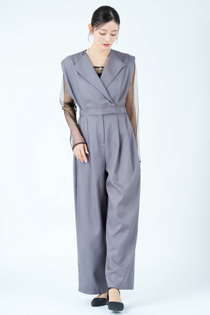 niana スタンドアウトカラーグレーストライプパンツドレス