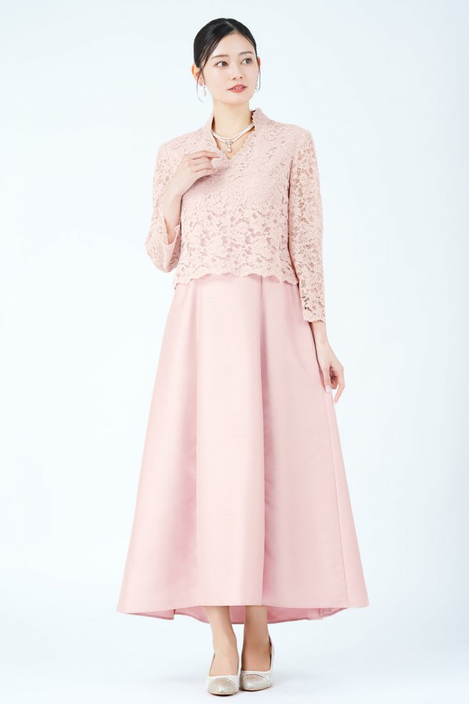 Apploberry 東京ソワール フラワーレース切り替えシャンタンピンクドレス