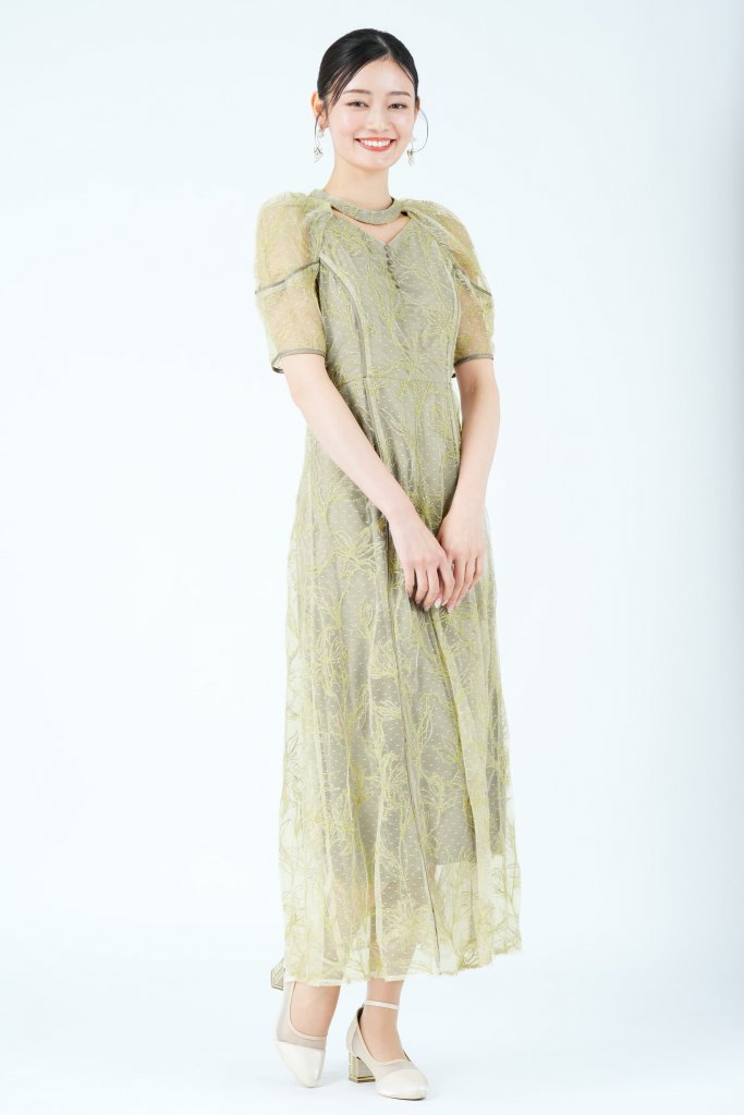 LILY BROWN ラメフラワー×ドット刺繍オリーブドレス