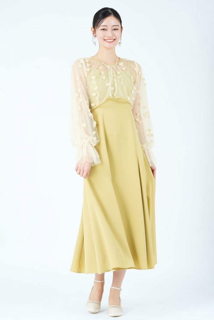 AIMER 立体フラワー刺繍レイヤードイエロードレス
