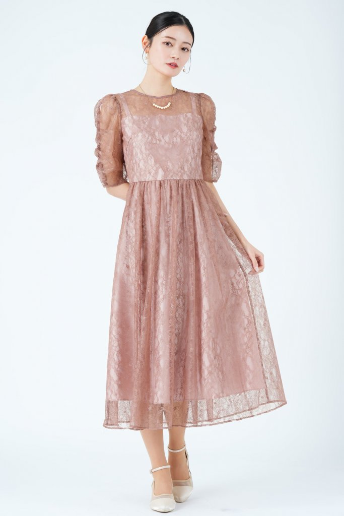 AIMER 繊細ラメレースピンクドレス