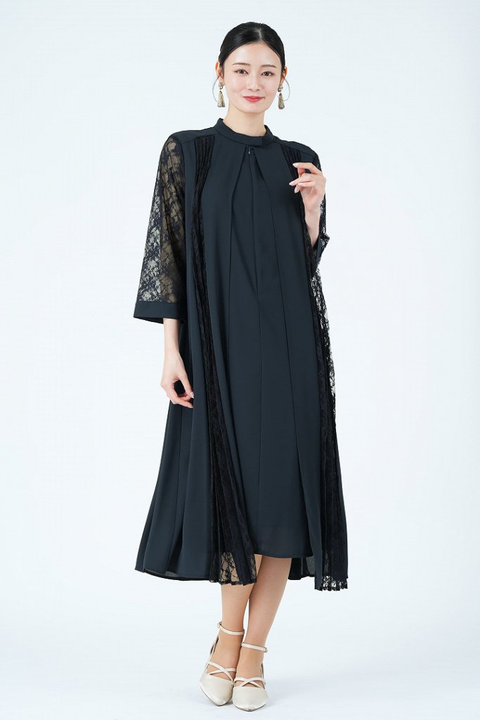 Jolie et Jolie フロントレース縦ラインスタンドカラーネイビードレス